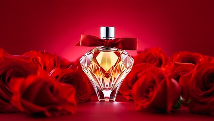 A bottle of perfume surrounded by roses