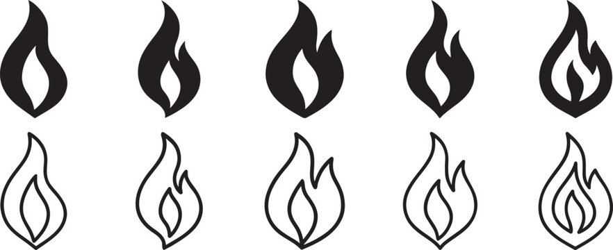 Fire icon collection in bold silhouette and outline style.