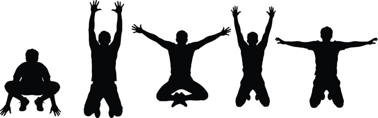 Jumping people silhouettes set showing energetic human poses, happiness and freedom concept, active body movement collection isolated on white background for sport, fitness and lifestyle design