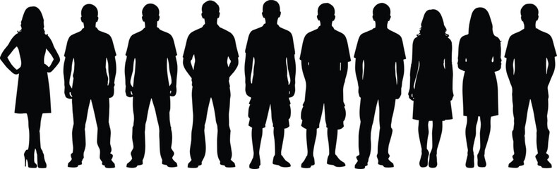 People silhouette group standing in a row, men and women in casual clothing isolated on white background, diverse human figures illustration for social, lifestyle, and design concepts