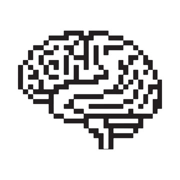 Pixelated human brain illustration in black and white tones