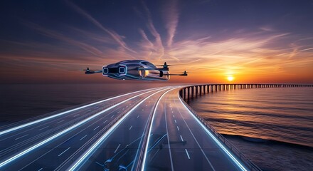 Obraz premium Futuristic autonomous vertical takeoff and landing vehicle flying over a glowing digital highway bridge at sunset