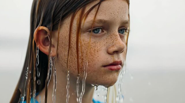 Striking portrait of a young girl with ginger hair and a face full of freckles standing under a heavy rain. Streams and splashes of clear water cascade over her head and face, creating a moody feel