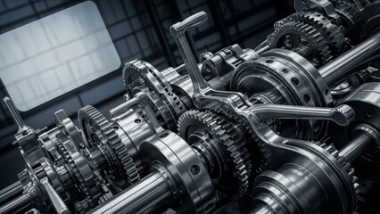 Fototapeta premium Intricate arrangement of precision-engineered metallic gears, shafts, and mechanical components, showcasing robust power and sophisticated engineering within a complex industrial mechanism