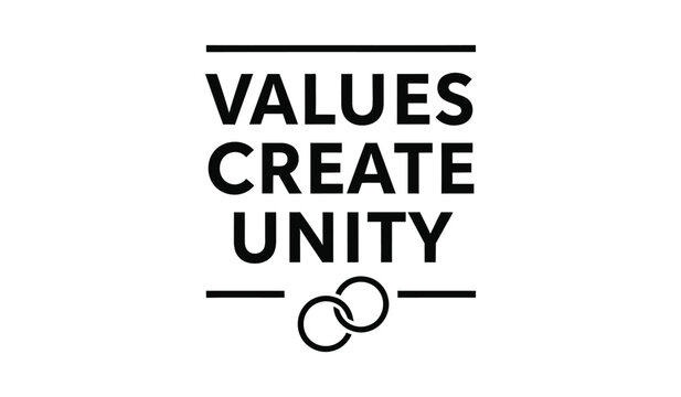 Values create unity: symbolic graphic with interlocking rings, representing connection, community, and shared principles.