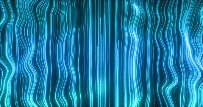 The abstract wall is made up of descending paths of particles, creating the effect of digital rain. The smooth movement of the elements forms a dynamic, mesmerizing pattern that fills the space with e