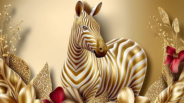 Artistic Zebra Portrait Animation with Elegant Golden Floral Background