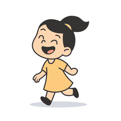 Laughing Girl with Ponytail and Yellow Dress cartoon illustration, Vector illustration in flat style.