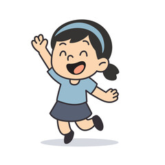 Little Girl Jumping with Joy and Blue Skirt cartoon illustration, Vector illustration in flat style.