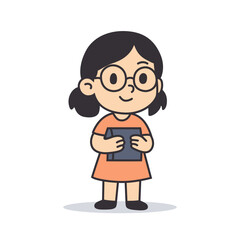 Bookish Girl with Round Glasses and Orange Frock cartoon illustration, Vector illustration in flat style.
