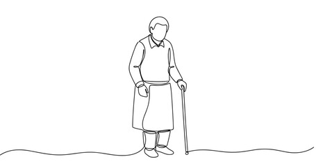 Fototapeta premium Elderly male walking with cane line art illustration. No editable stroke
