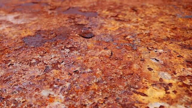 A close-up view of an old rusted metal surface, demonstrating texture, color, and age. The surface shows spots of decay and wear and tear. 