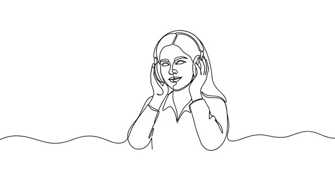 Continuous line drawing of young caucasian female listening to music with headphones. No editable stroke