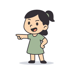 Bold Little Girl Pointing Forward in Green Outfit cartoon illustration, Vector illustration in flat style.