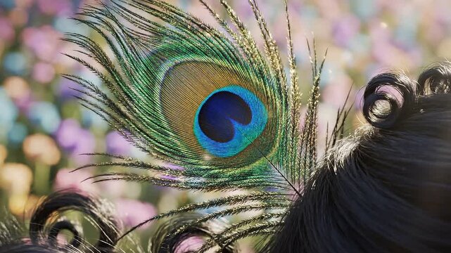 Vibrant peacock feather with iridescent eye pattern tucked into dark braided hair, set against a soft, colorful floral background.