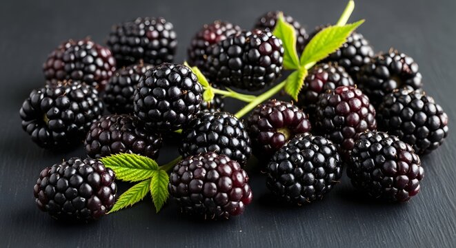 A close-up photograph showcasing a generous pile of ripe, dark blackberries with vibrant green leaves scattered upon slate