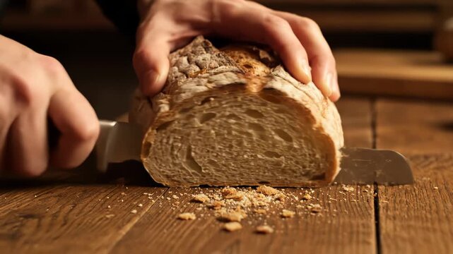 A person slicing a loaf of bread on a wooden table with a large knife 4k video