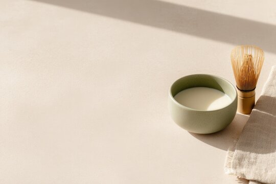 Creamy colostrum in minimalist bowl, accompanied by bamboo whisk