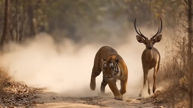 Tiger chasing deer in forest with dramatic dust cloud