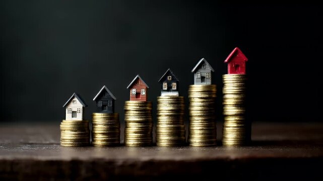 Real estate business market, house home building purchase sale. A row of miniature houses perched atop a stack of coins, with a dark background. The houses are brightly colored.