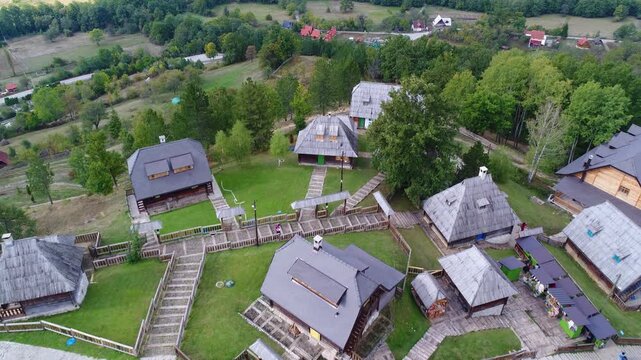 Aerial view of wooden village complex