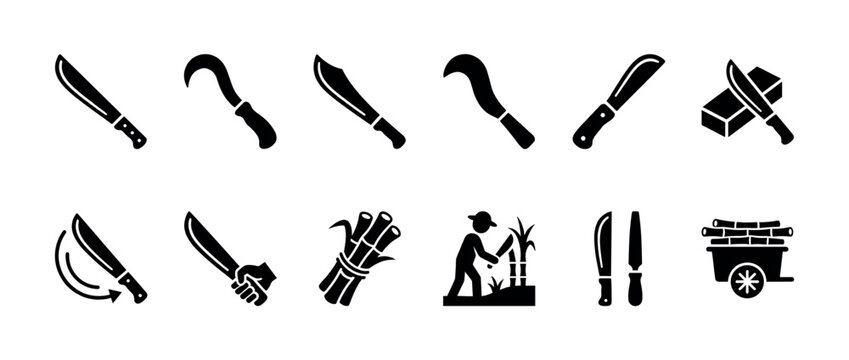Black glyph icon set of machetes and sickles for sugarcane harvesting, showing various cutting tools, a farmer at work, bundled stalks, and a cart for transport in a simple vector style