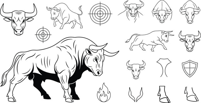 Bull illustration collection with various heads, action poses, targeting graphics, flames, and shields, symbolizing power, focus, and resilience.