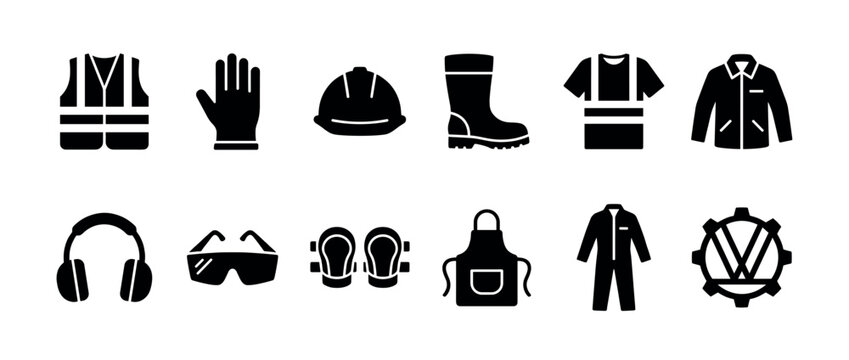 Collection of black glyph icons depicting essential personal protective equipment for workplace safety, featuring a helmet, vest, gloves, boots, glasses, and hearing protection
