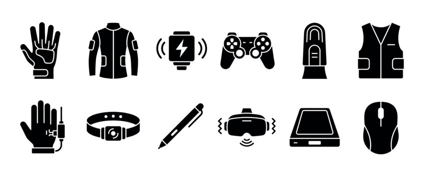Wearable technology and smart device glyph icons featuring a virtual reality headset, haptic suit, gamepad, and other modern electronic gadgets for user interface design elements