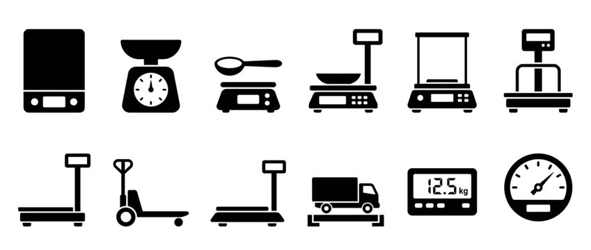 Set of black weighing scale glyph icons representing different measurement tools for kitchen, retail, and industrial logistics, including digital, analog, platform, and truck scales