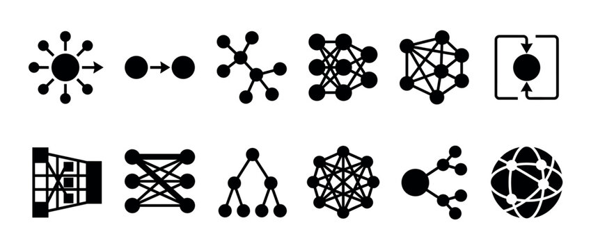 Collection of black neural network icons representing artificial intelligence, machine learning, deep learning, data science, and global connectivity concepts in a flat graphic style