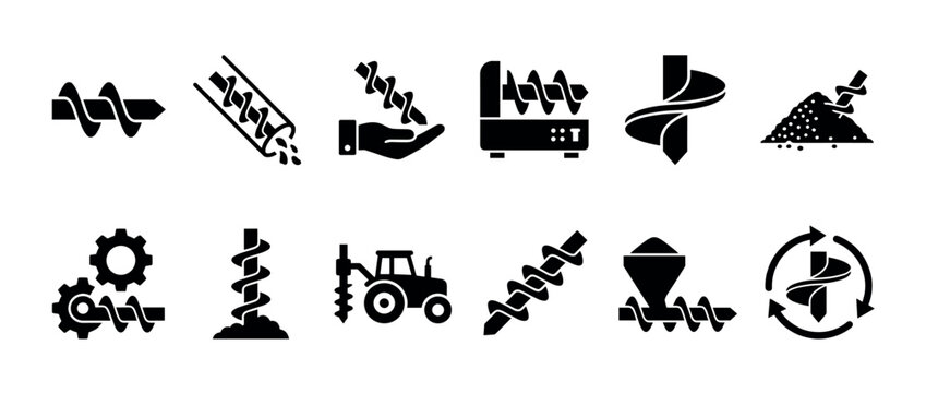 Black glyph icon set of auger drills and screw conveyors showing industrial and agricultural equipment for excavation, mixing, and bulk material transport