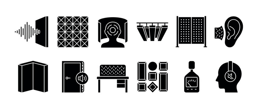Acoustic treatment and soundproofing black glyph icons set showing noise reduction, absorption panels, soundproof door, and audio equipment for studio and room insulation
