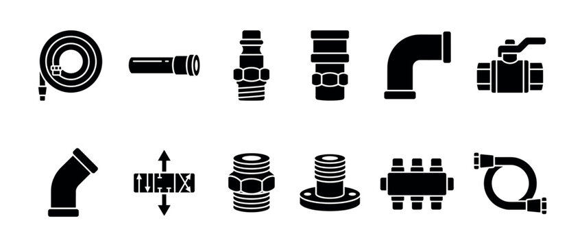 Set of black plumbing pipe fitting icons including a hose, valve, elbow joint, and various connectors for industrial and domestic water supply systems in a flat glyph style