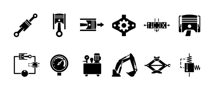 Set of black hydraulic and pneumatic engineering icons showing pistons, cylinders, compressors, gauges, and mechanical system diagrams for industrial design and technical illustration