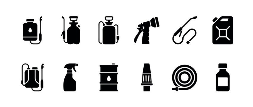 Black glyph icon set of garden sprayers and chemical containers for agriculture and pest control, featuring various equipment like nozzles, hoses, and barrels in a simple silhouette style
