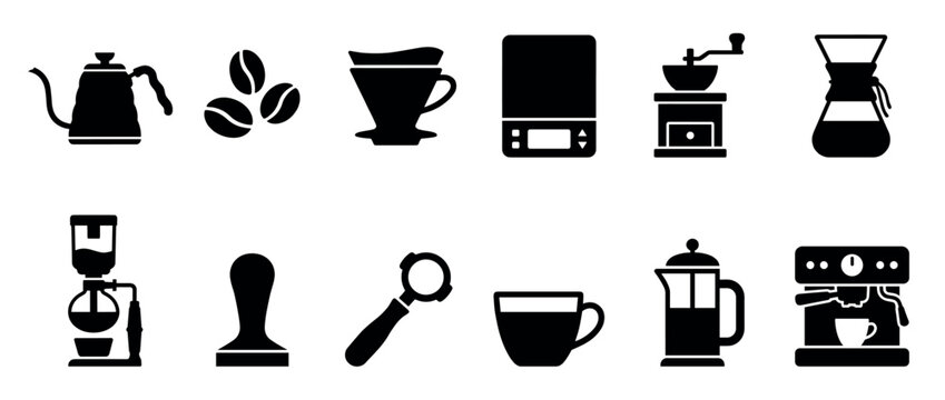 Black coffee brewing equipment vector icon set showing a kettle, grinder, espresso machine, french press, portafilter, tamper, scale, and pour-over dripper