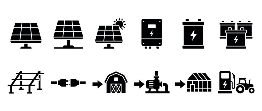 Black solar power and agriculture icon set showing panels, batteries, inverters, and a flowchart for powering farm equipment like a water pump, greenhouse, and tractor
