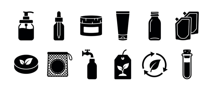 Collection of black silhouette icons for sustainable beauty and zero-waste lifestyle concepts, featuring refillable containers, natural product symbols, and recyclable packaging elements