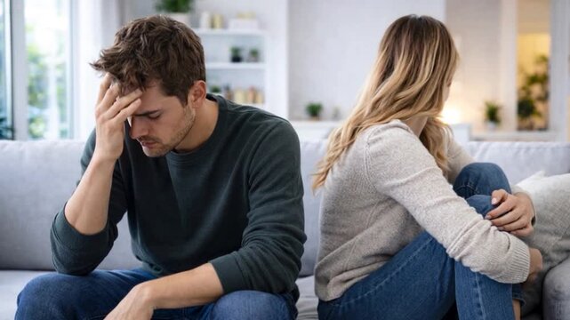 Offended upset woman girlfriend offense to boyfriend marriage problem family quarrel in bedroom.