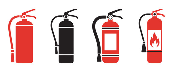 Fire extinguisher icon set, representing workplace safety and fire protection, vector illustration for emergency signage, firefighter equipment, industrial hazard prevention design © 弗莱彻