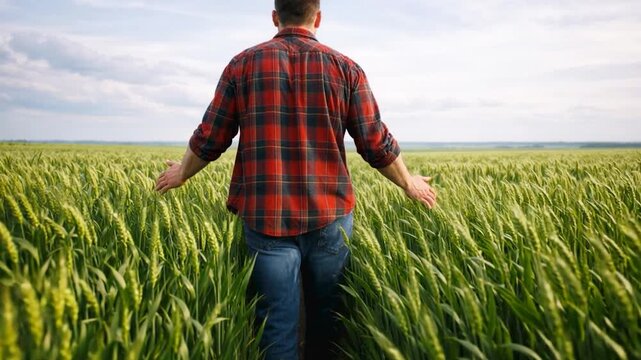Farmer walking through wheat field.

