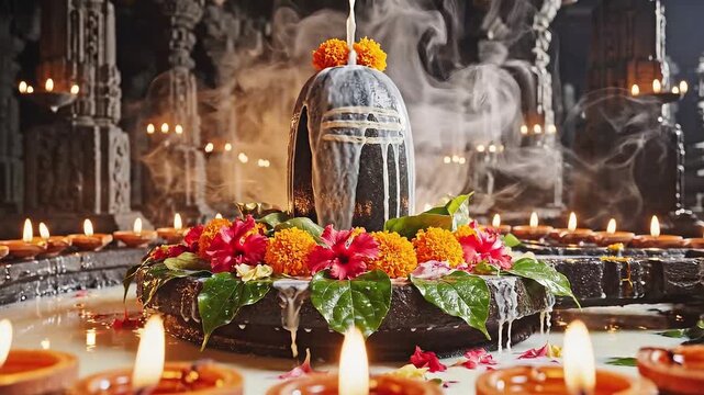 Moonlit shivling inside himalayan temple with mahadev energy maha shivratri devotion sacred water ritual trishul symbolism cinematic calm spiritual storytelling atmosphere