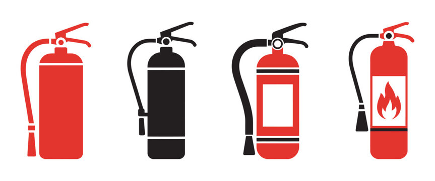 Fire extinguisher icon set, representing workplace safety and fire protection, vector illustration for emergency signage, firefighter equipment, industrial hazard prevention design