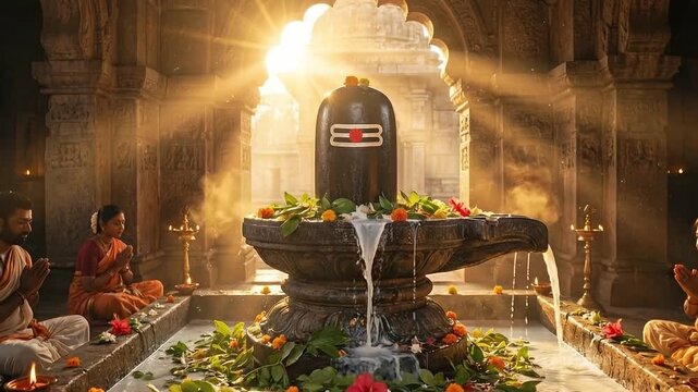Peaceful sunrise maha shivratri shivling worship with mahadev energy inside ancient temple trishul devotion sacred water milk ritual cinematic hope calm spiritual morning light atmosphere