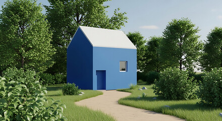 Obraz premium A serene blue house surrounded by lush greenery and trees viewed from a winding path