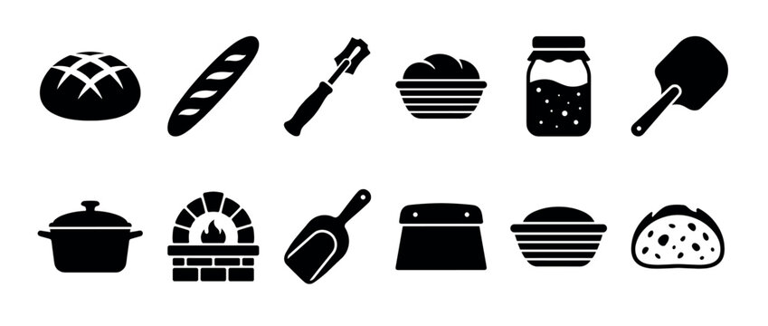 Black silhouette icons set for bread baking and cooking featuring a brick oven, loaf, baguette, peel, banneton, and other essential kitchen utensils in a minimalist glyph style