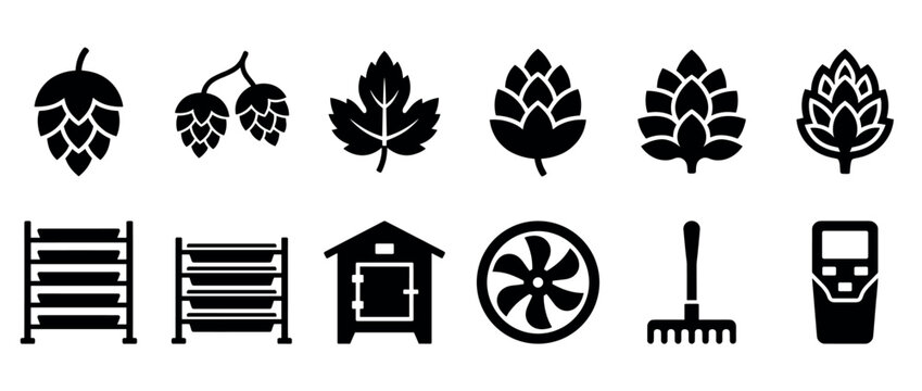 Collection of black hop farming icons showing cones, a leaf, drying racks, an oast house, a fan, a rake, and a moisture meter for brewing and agriculture concepts