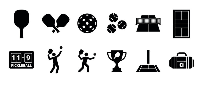 Black pickleball sport icon collection featuring a paddle, perforated ball, court, net, player silhouette, scoreboard, and winner's trophy in a simple glyph style