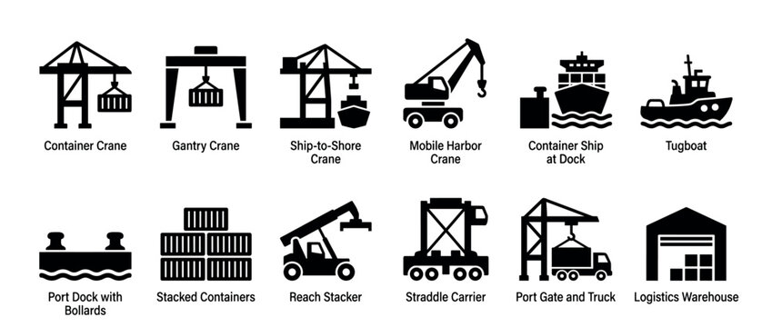 Set of black port logistics icons showing cranes, ships, containers, and warehouse equipment for the shipping and freight industry, presented as a simple infographic collection